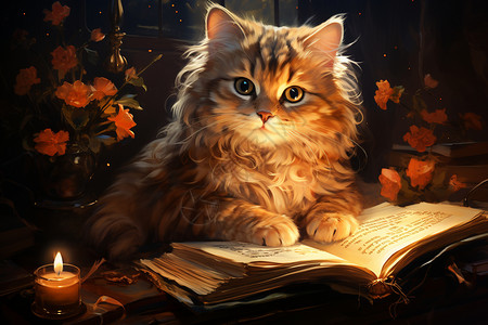 书鲜花一只猫在书桌旁看书插画