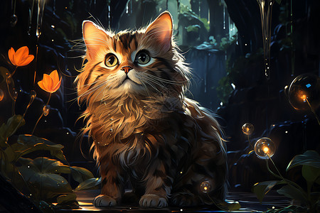 梦幻森林里的猫咪背景图片