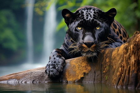 瀑布旁的黑豹图片