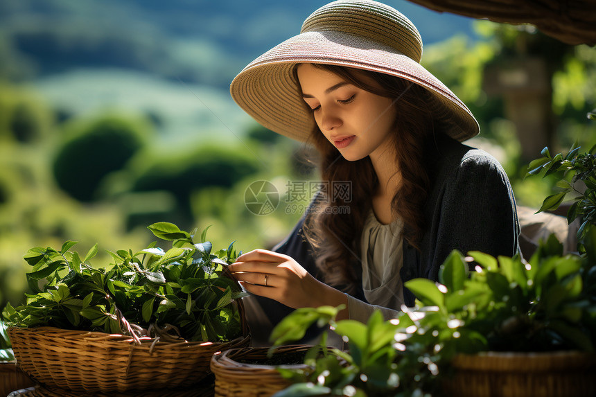 戴帽子采摘茶叶的女孩图片