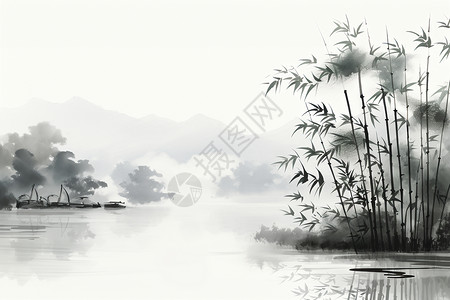 山脉下的竹林河流背景图片