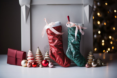 圣诞树旁的圣诞靴和礼物图片