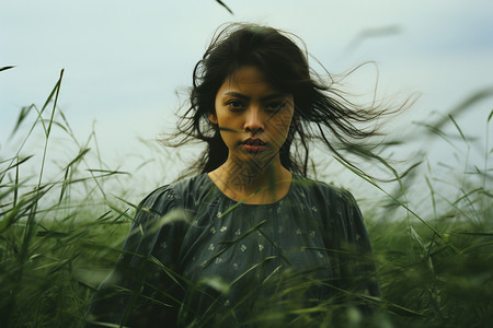 草丛中的少女少女秀发随风飞扬背景