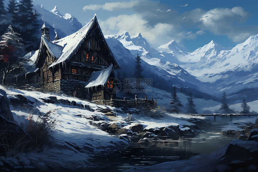 冬季壮观的山间木屋景观图片