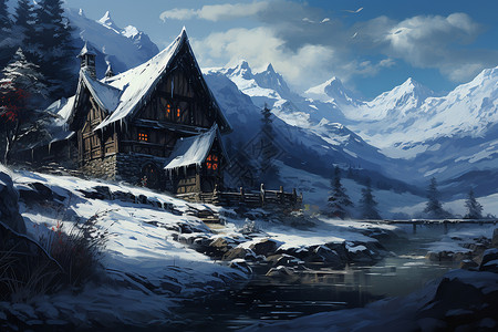 冬季壮观的山间木屋景观图片