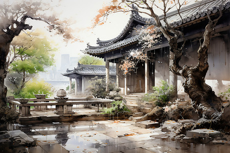 中式传统庭院的水彩插图图片
