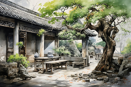 静谧的中式庭院水彩插图背景图片