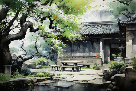 传统的中式庭院水彩插图图片