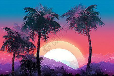 夕阳下的热带椰子树插图图片