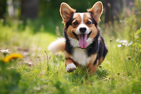 草地上欢快奔跑的柯基犬图片