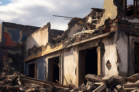 摧毁房屋废墟上的破旧建筑背景