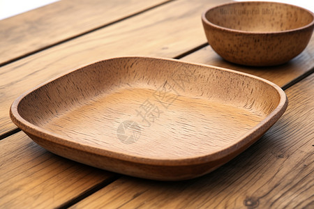 古朴的木制碗盘背景图片