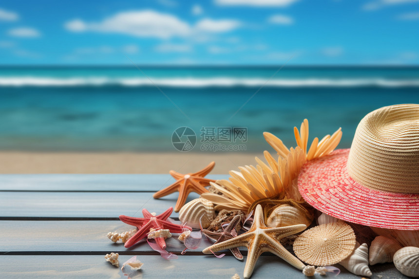 海边的木桌上的帽子和贝壳图片