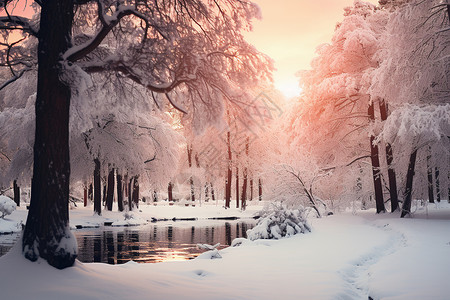 森林奇幻冬日奇幻雪中森林背景