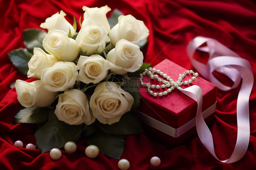 白玫瑰旁的礼物盒图片