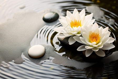 水面上漂浮着两朵白莲花背景图片