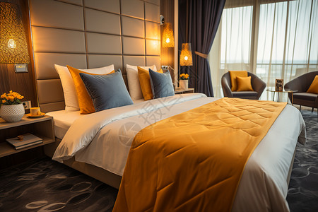 酒店床品铺着黄色床旗的海景套房背景
