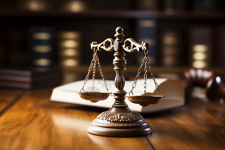 法律调解木桌上的天平背景