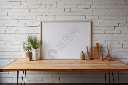 木桌上的白色相框高清图片