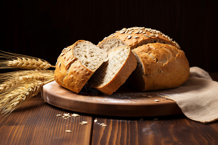 一块面包放在木桌上图片