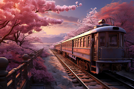 樱桃树和火车樱花道上的火车插画
