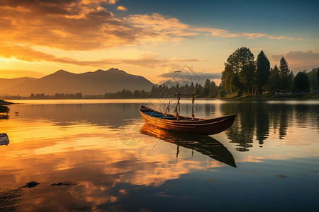 湖上的小船泊舟湖上的夕阳背景