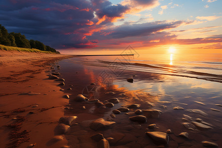 夕阳下的美丽海滩图片