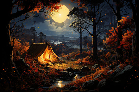 秋季夜晚的露营时光高清图片