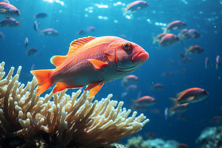 水中珊瑚旁游泳的热带鱼图片