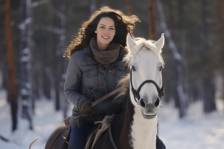 树林中驾驭白马的女子图片