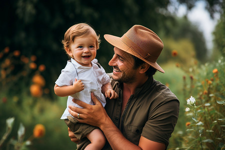 婴儿笑容夏季户外草丛中开心的父子背景
