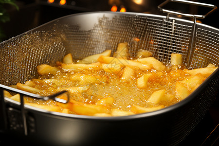 炸锅中正在炸制的薯条高清图片