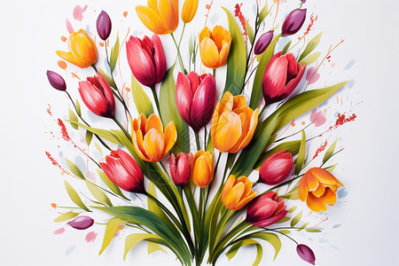 绚丽的郁金香花束水彩插图图片
