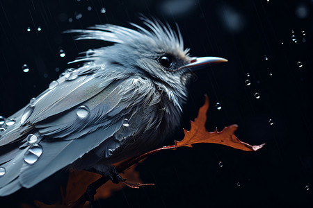 绣球在雨中湿润树枝上的蓝色小鸟特写设计图片