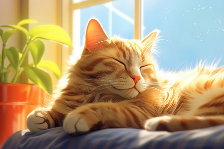 晒伏窗台上惬意晒的小猫插画