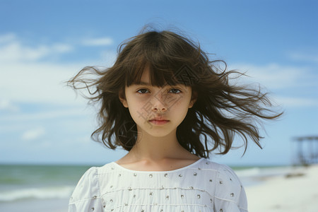 夏季沙滩风边框海边头发飘逸的可爱女孩背景