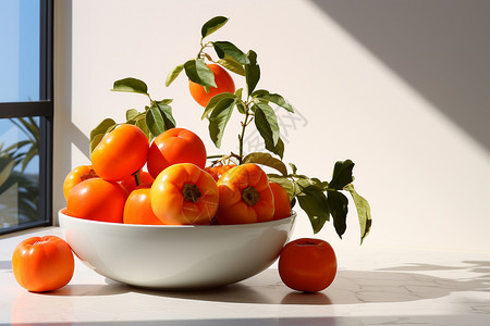 新鲜采摘的柿子水果高清图片