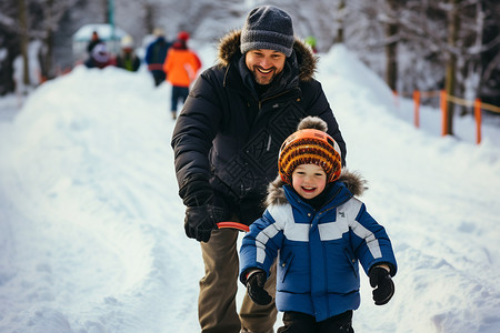 雪中玩耍的开心父子背景图片