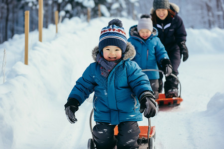 玩雪素材冬季山间玩雪橇男孩背景