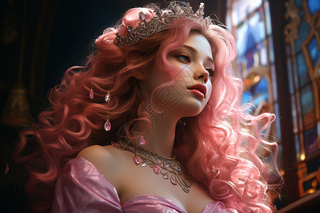 粉红色假发梦幻仙境中的粉色头发女孩插画