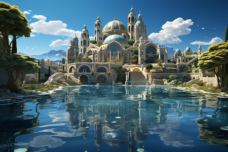 抽象创意的欧式海上城堡建筑背景图片