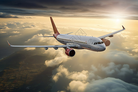 民航运输飞翔于云层之上的大型喷气式客机设计图片