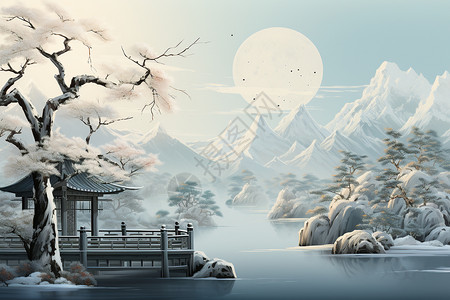 冬天湖泊跟桥白露时节的宁静湖泊插画