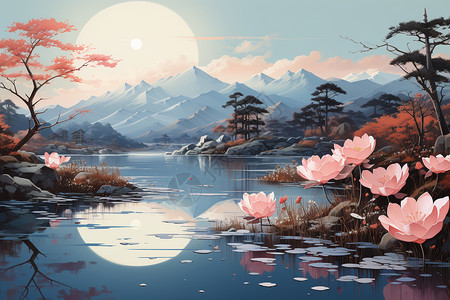 粉红色夕阳白露时节下的湖畔插画