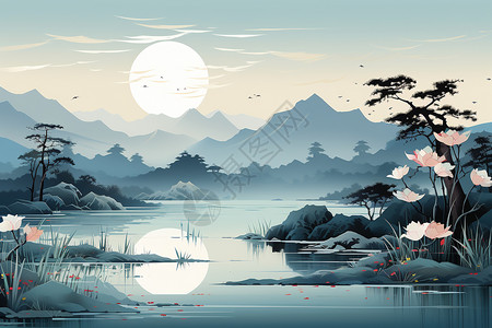 夕阳美安详湖泊下的明月之美插画