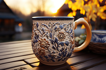 手绘木筐木桌上的咖啡杯背景