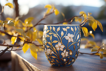 手绘蓝色花精美的陶瓷杯背景