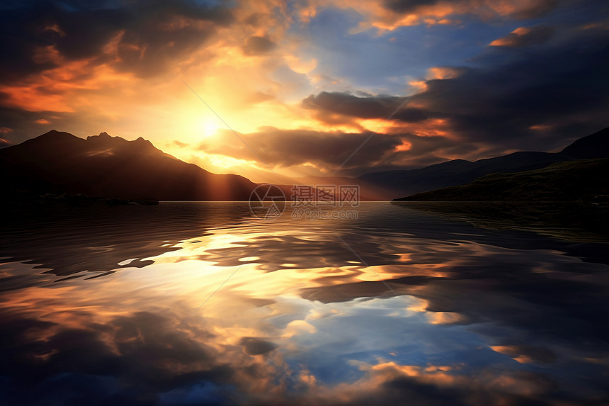 美丽的山中湖泊落日景观图片