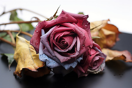 桌面上枯萎的蔷薇花背景图片