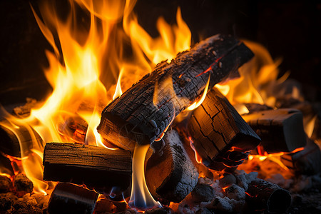 壁炉中燃烧的柴火图片
